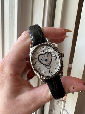 Judith Ripka Silver Heart Accent Watch with Black Strap